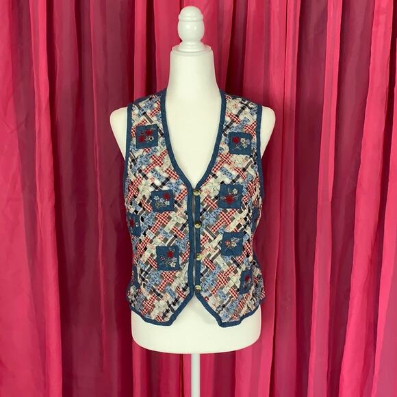 Vintage Casey and Max cottagecore denim latticed gingham vest, med - Picture 1 of 6